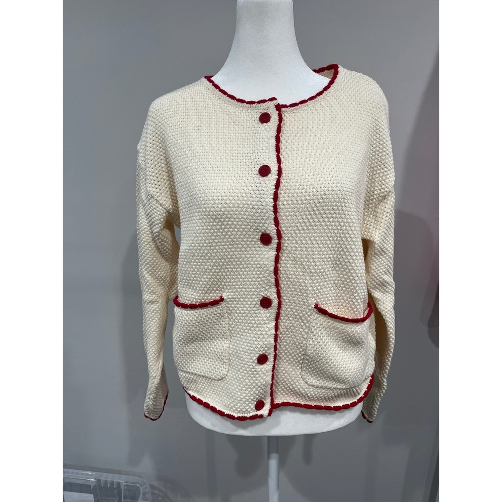 Mustard Seed Cream Red Scalloped Trim Cotton Popcorn Knit Cardigan Sweater